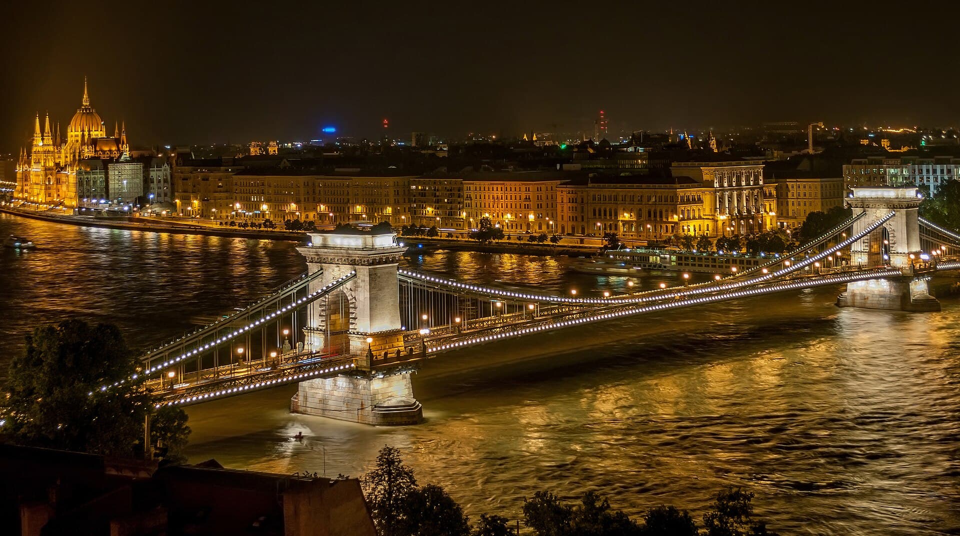 Budapest travel planning photo showing Night view of The Széchenyi Chain Bridge from Buda Castle in Budapest, Hungary
