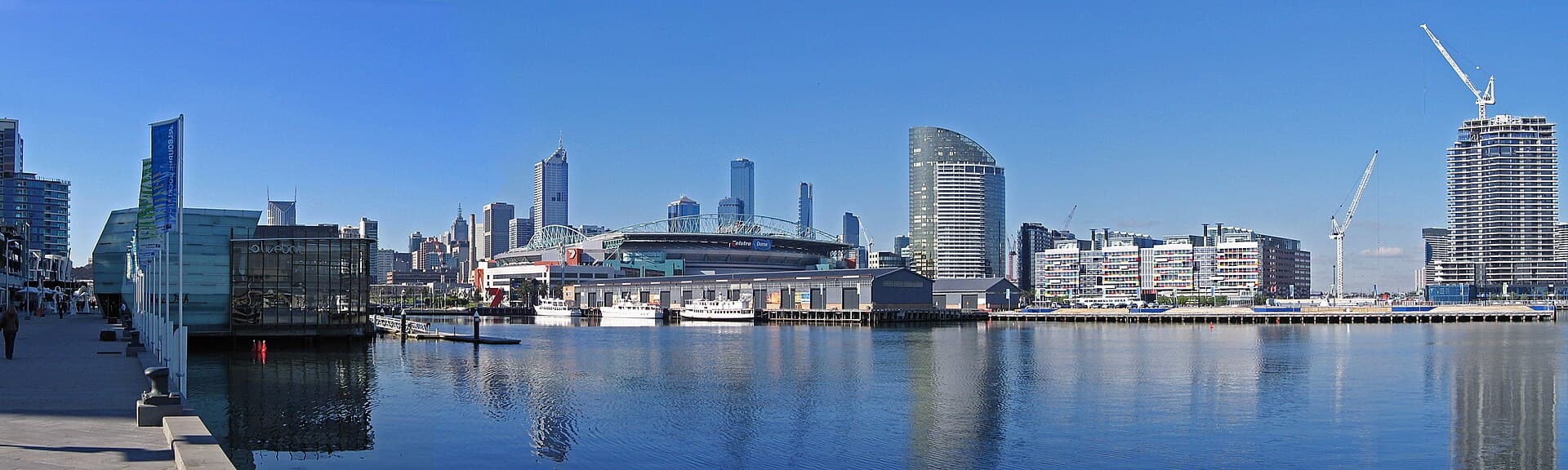 Melbourne travel planning photo showing A panoramic view of Docklands and the Melbourne City Skyline taken from Waterfront City, looking across Victoria Harbour. Melbourne, Victori