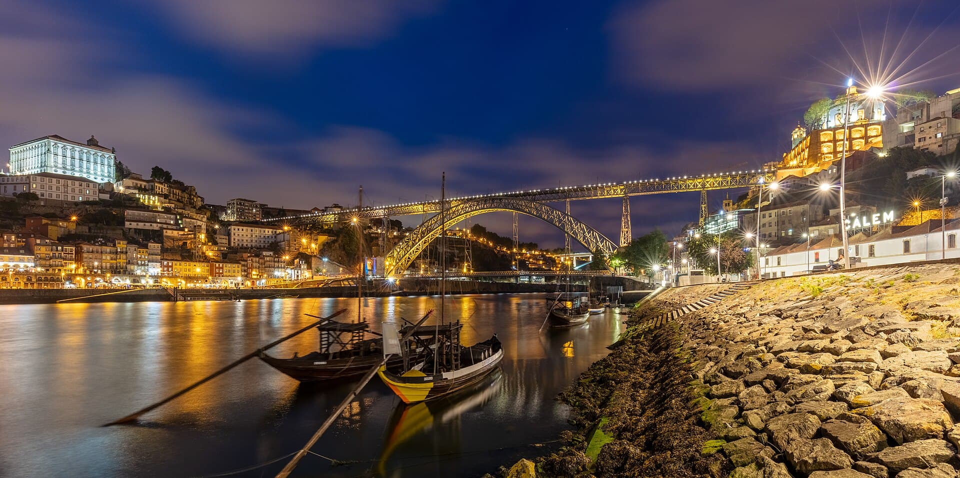 Porto travel planning photo showing the Dom Luís I Bridge and Porto at blue hour