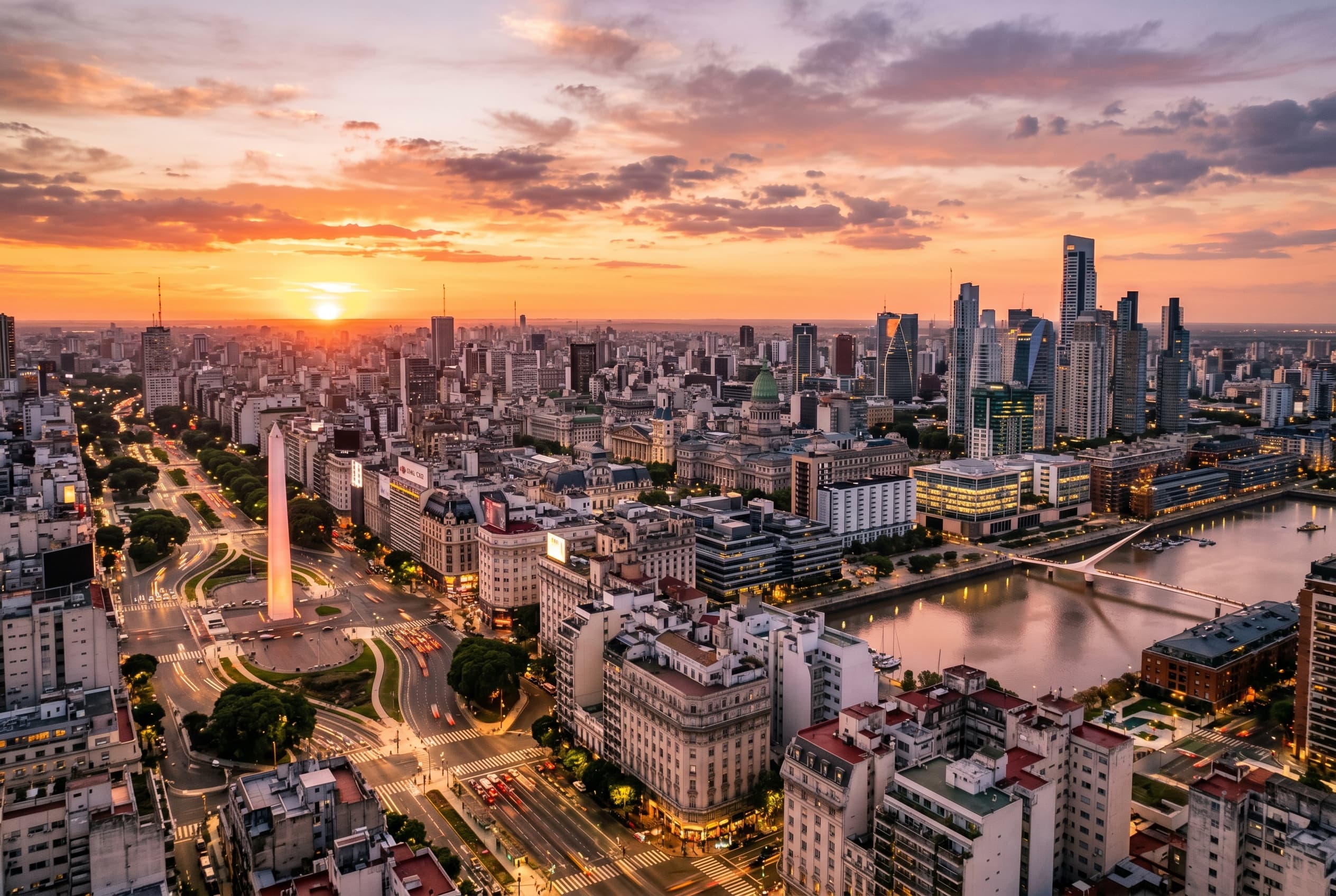 Buenos Aires skyline at sunset with layered classic and modern city blocks