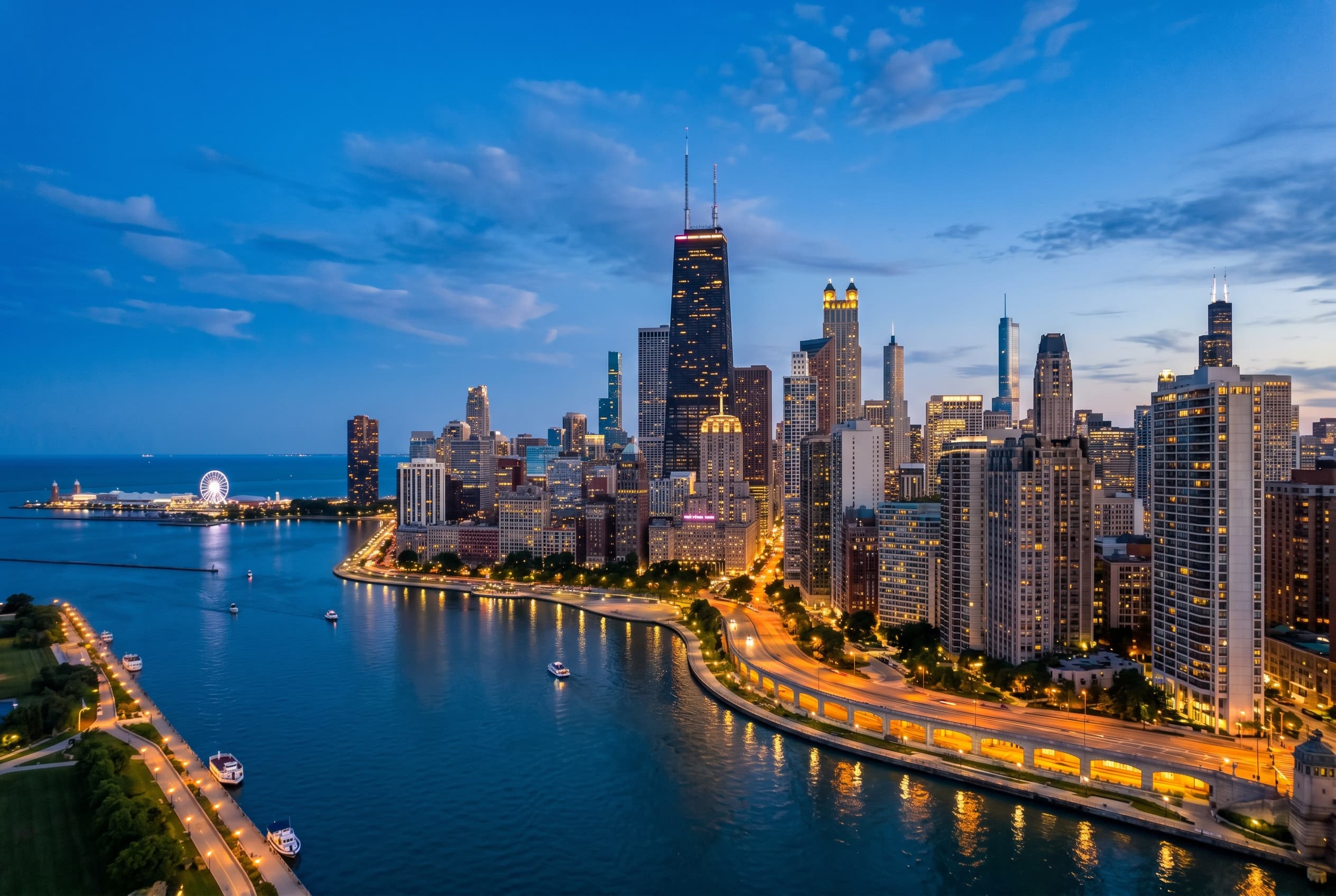 Chicago skyline with the river and lakefront towers glowing at blue hour