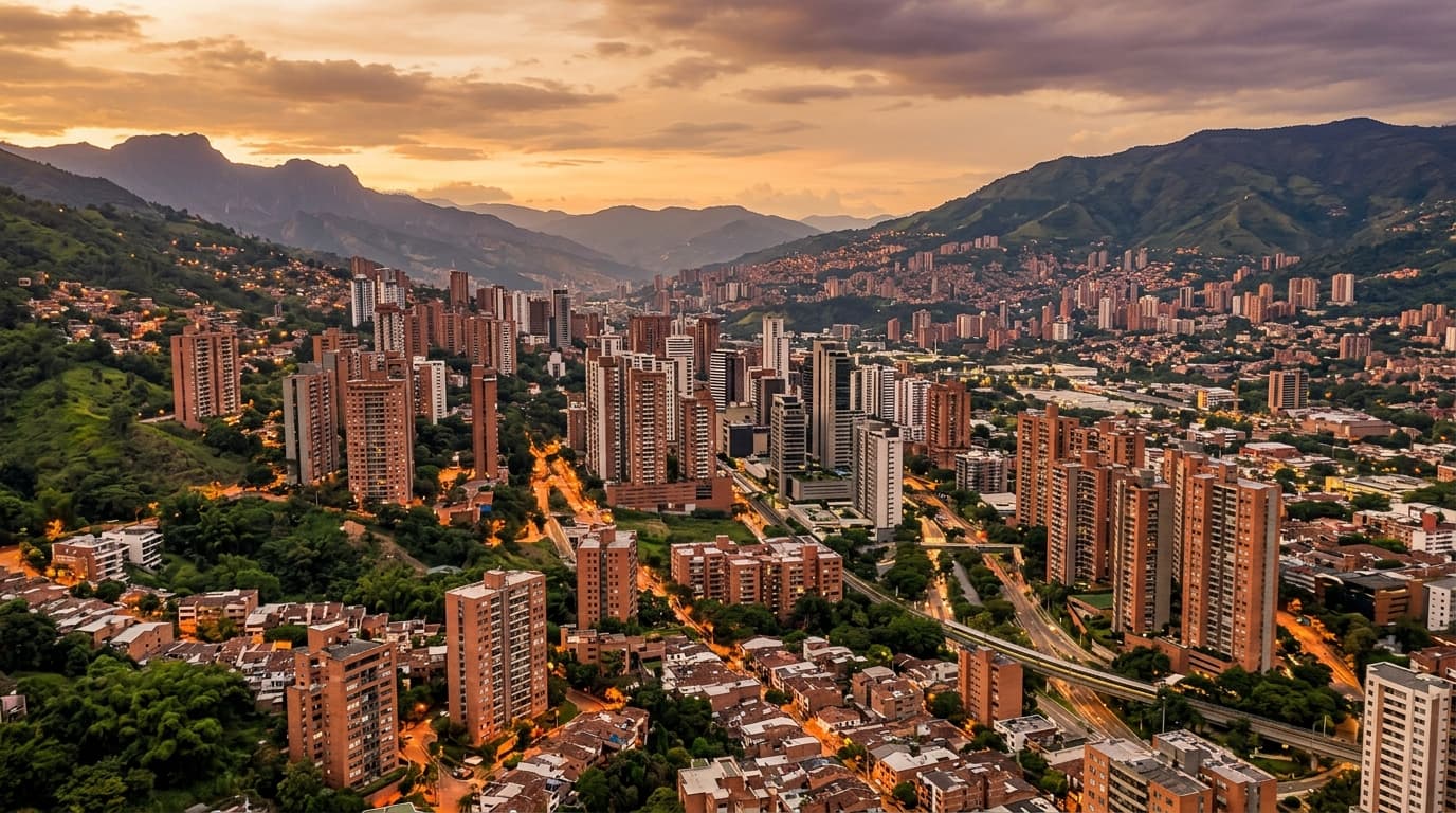 Medellín skyline in the Aburrá Valley with green mountains behind modern high-rises