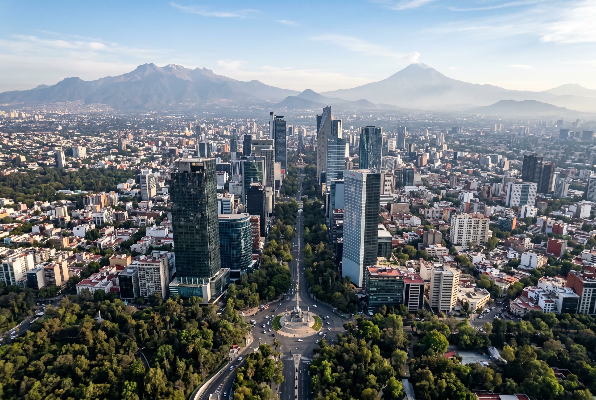 Mexico City skyline with Reforma towers under a high-altitude evening haze