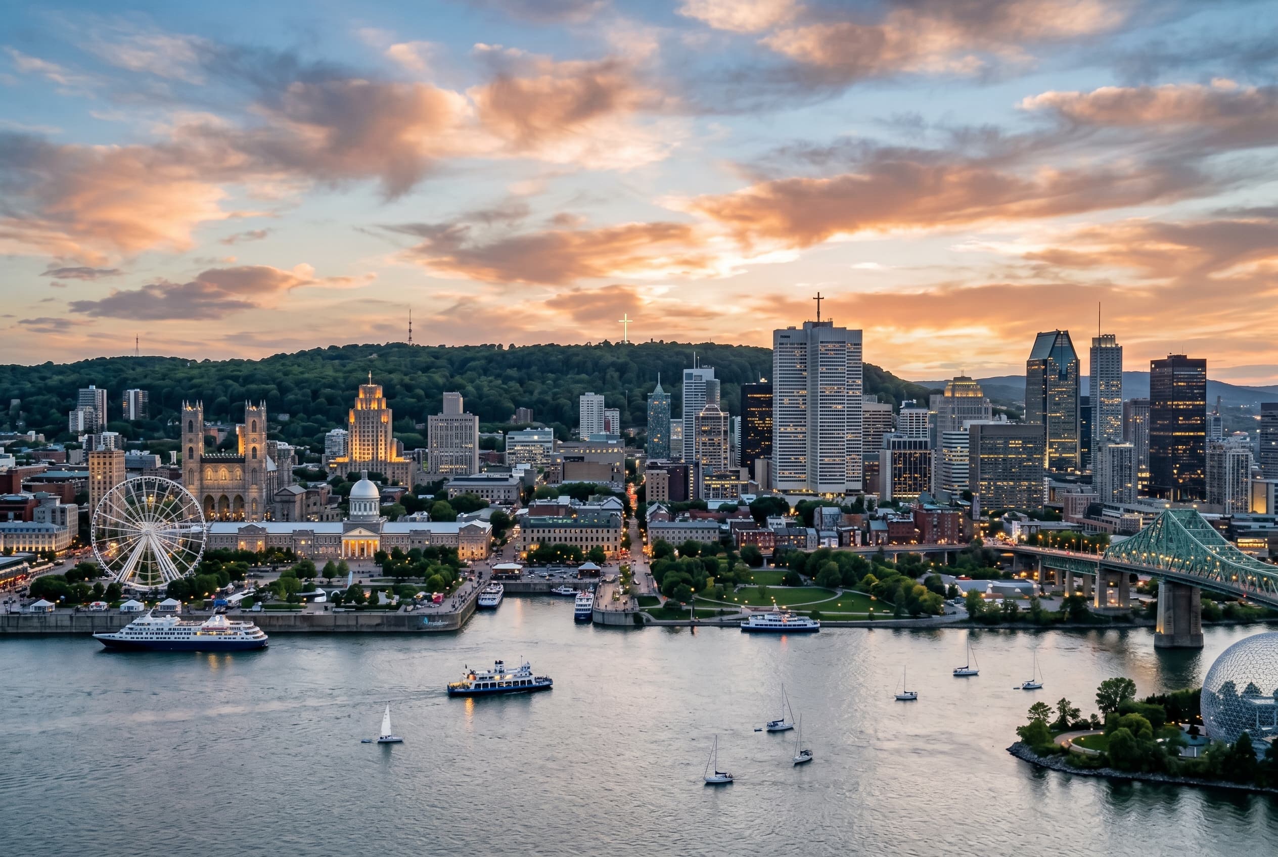 Montreal skyline by the river with old-plus-modern city texture under soft evening light