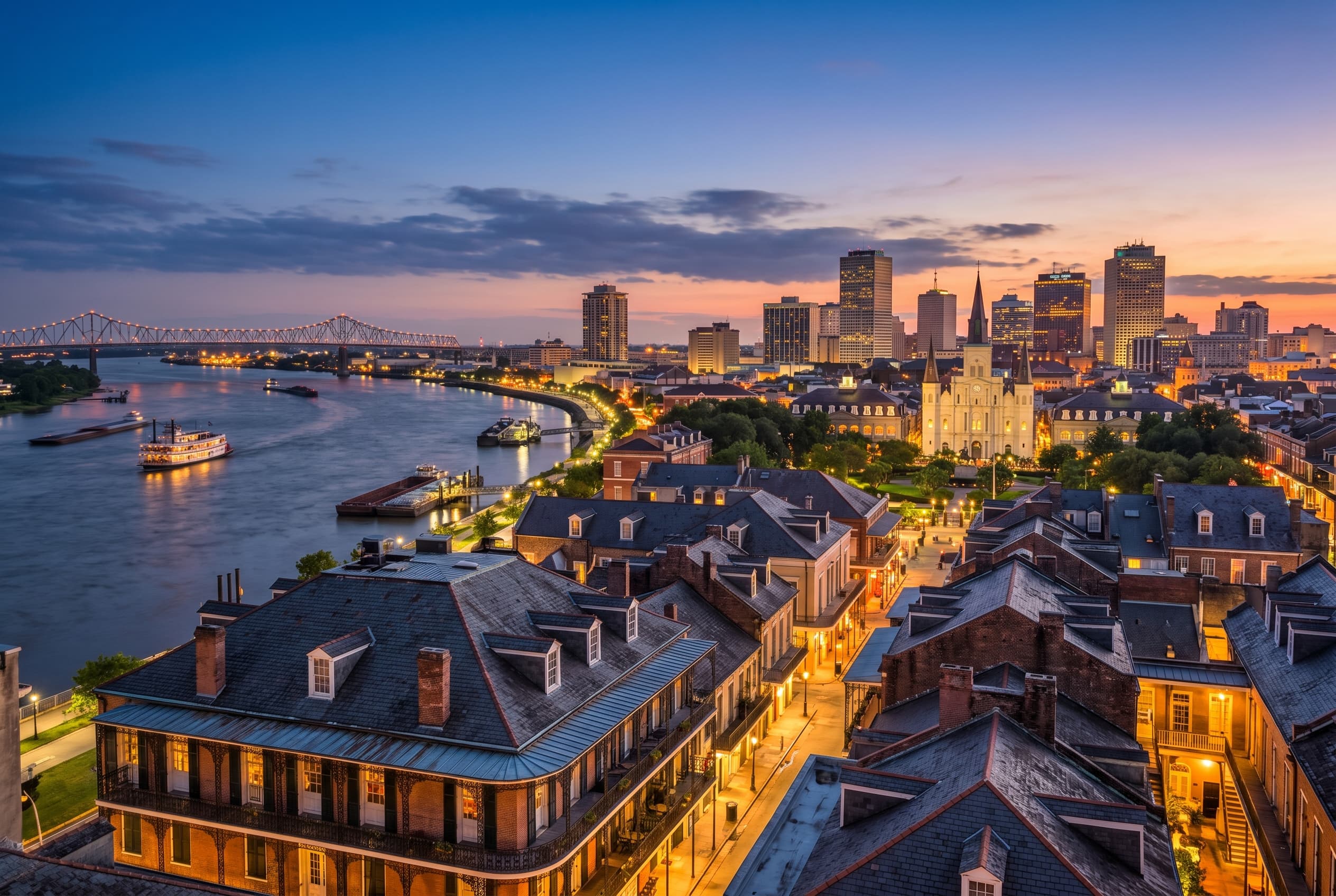 New Orleans skyline and French Quarter rooftops with the Mississippi River nearby at sunset
