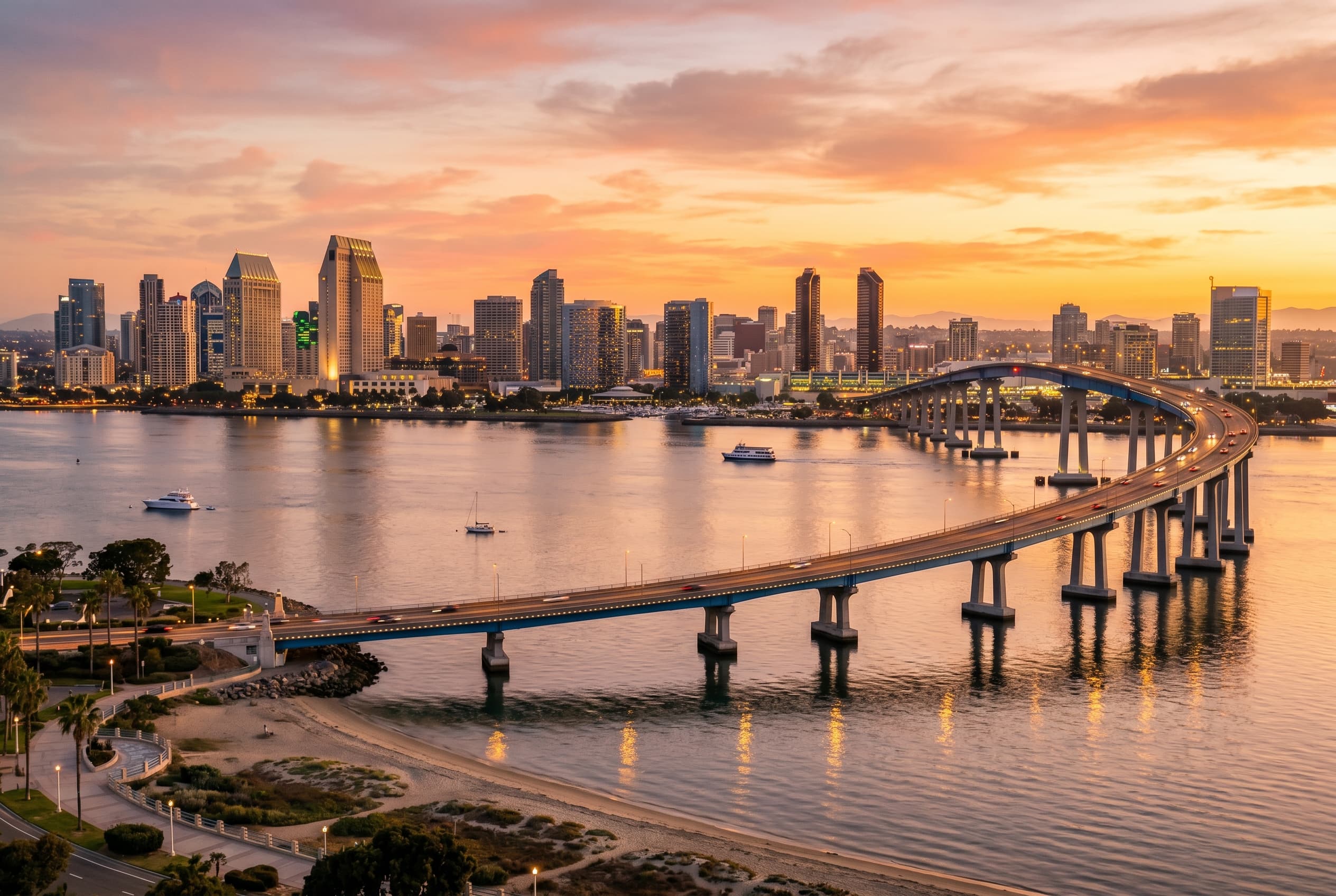 San Diego skyline and bayfront with Coronado Bridge in warm evening light