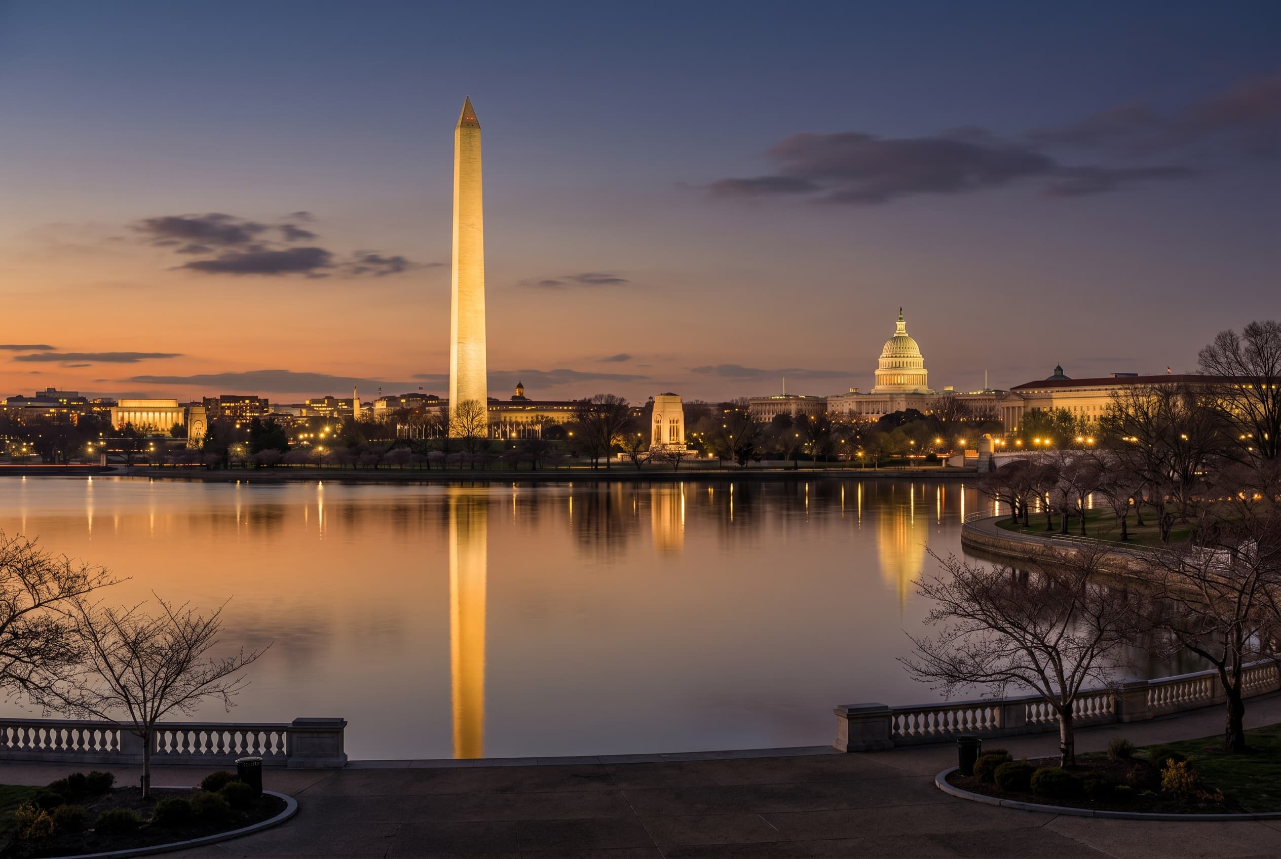Washington, DC skyline with the Washington Monument and federal core in evening light