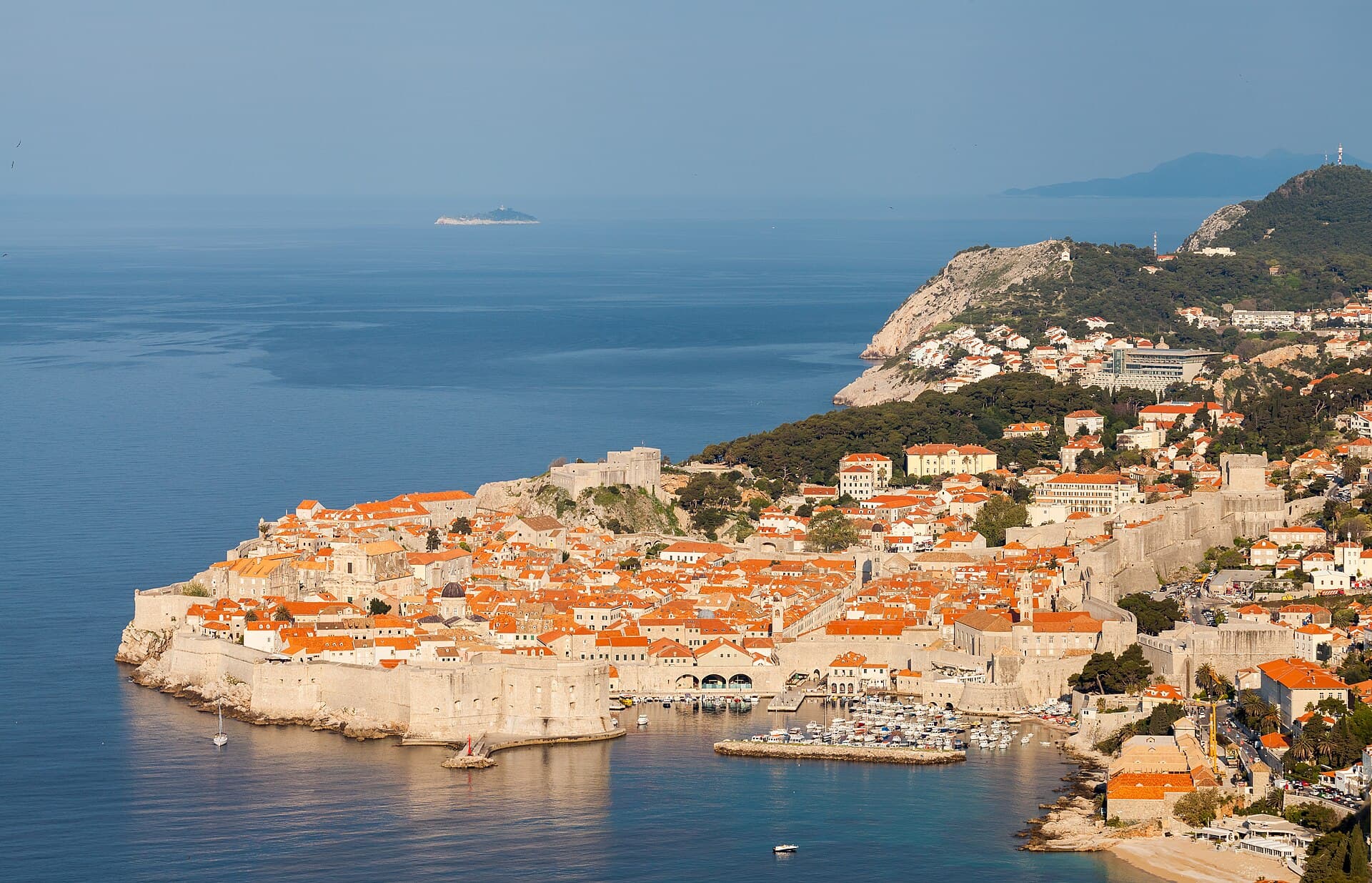 Dubrovnik Old Town roofs and city walls above the Adriatic Sea